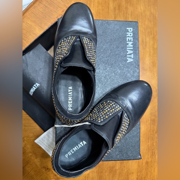 Premiata Shoes - Premiata Black Leather Shoes with Gold Accents